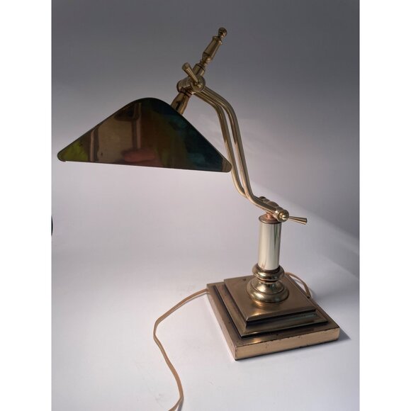 Vintage Brass Bankers Adjustable Knuckle Desk Lamp Slotted Shade Art Deco Design - Picture 3 of 13